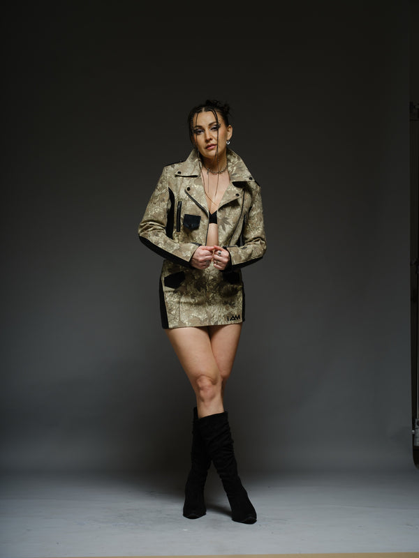 Camouflage-style denim cropped biker jacket and mini skirt with black ribbed leather panels and metal hardware