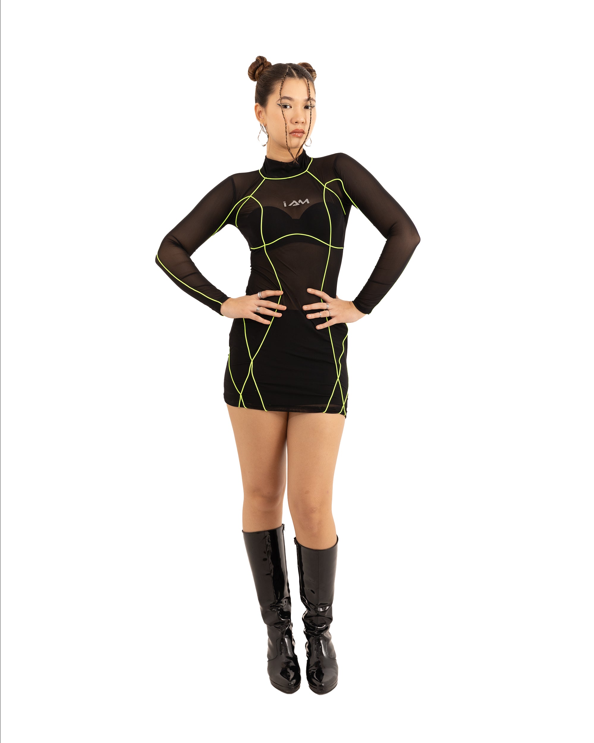 black beaded dress long INTERFERENCE DRESS NEON