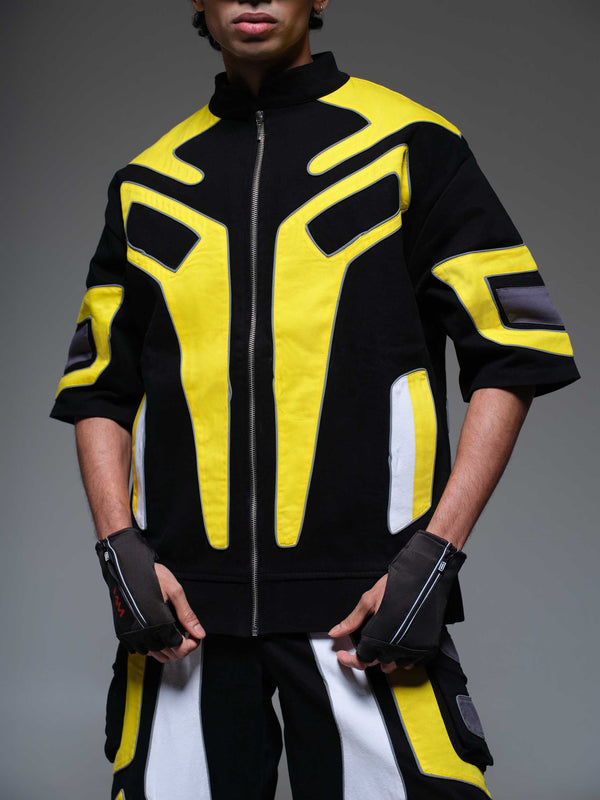 The Overdrive Jacket, a black and red motorcycle jacket with protective padding.
