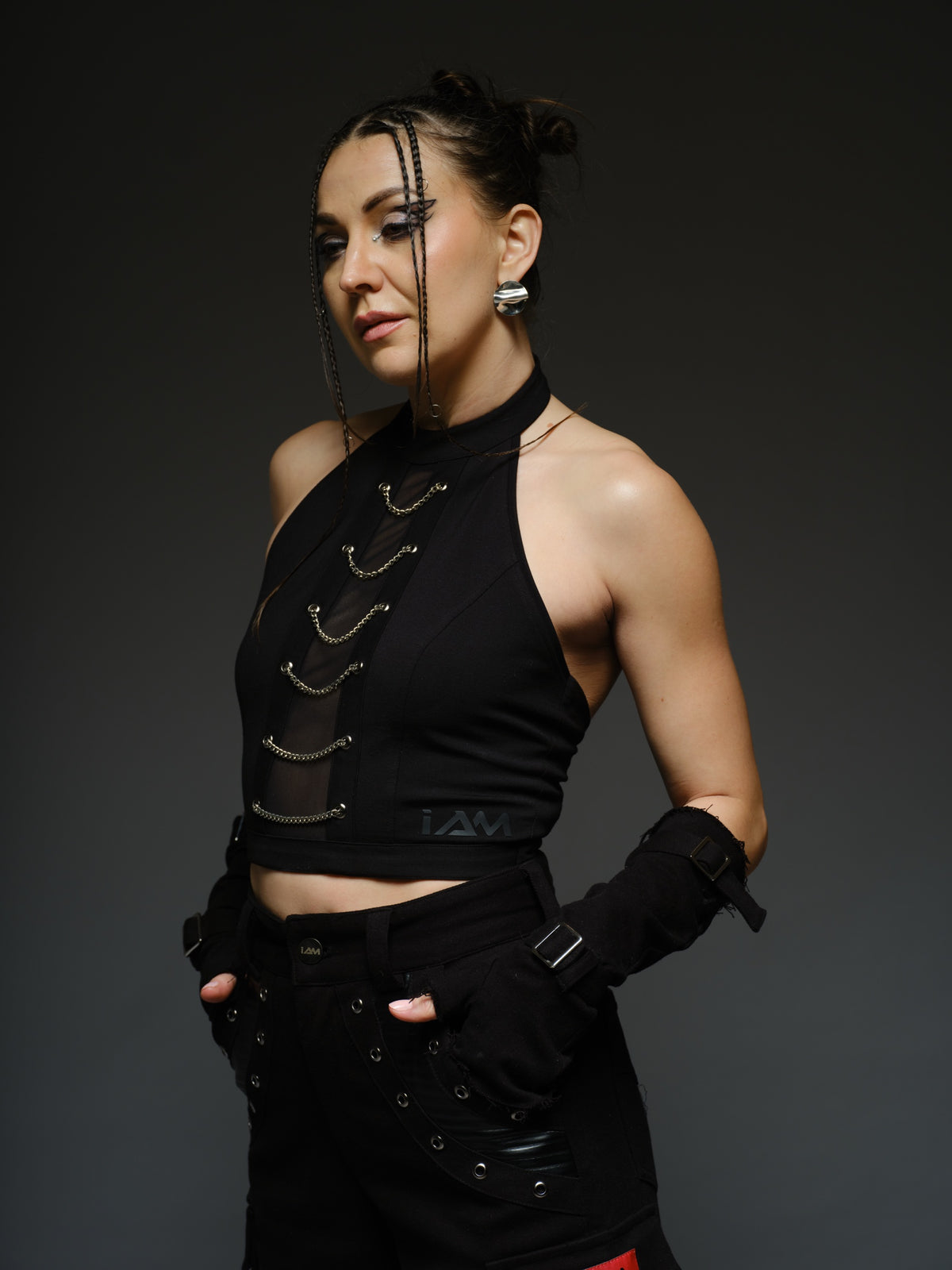 Witching Hour black halter top with a sheer centre-front mesh panel and six silver-tone chains
