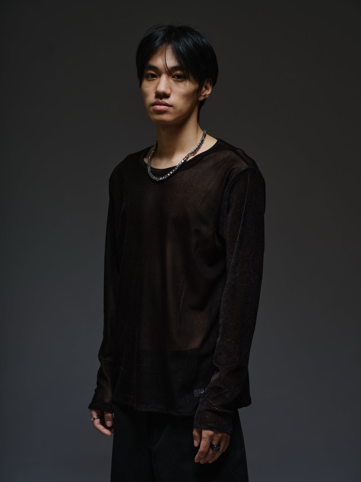 Black velvet mesh long sleeve tee with a relaxed fit, sheer finish and round neckline