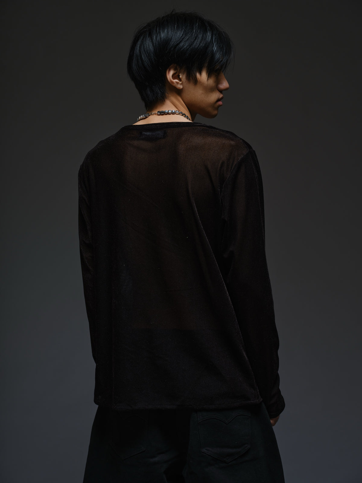 Black velvet mesh long sleeve tee with a relaxed fit, sheer finish and round neckline