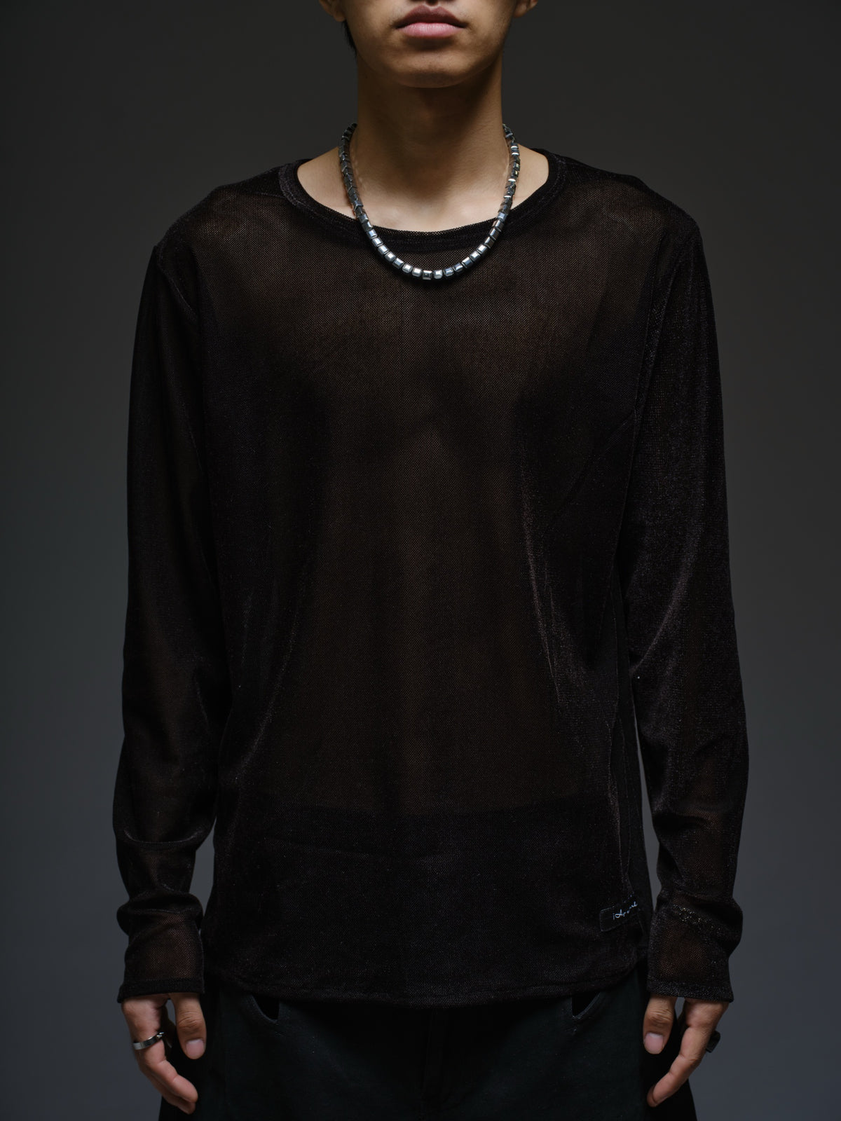 Black velvet mesh long sleeve tee with a relaxed fit, sheer finish and round neckline