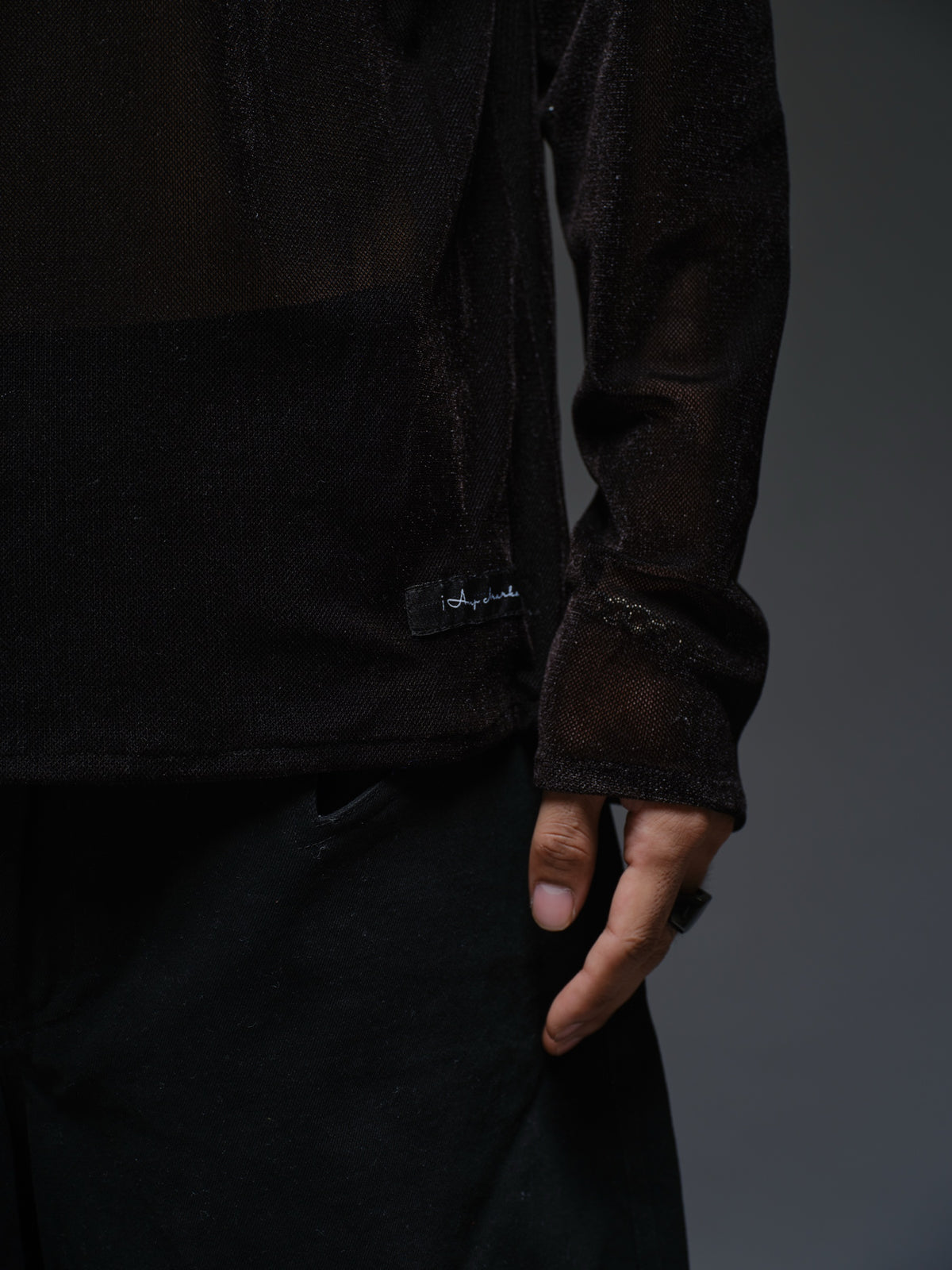 Black velvet mesh long sleeve tee with a relaxed fit, sheer finish and round neckline