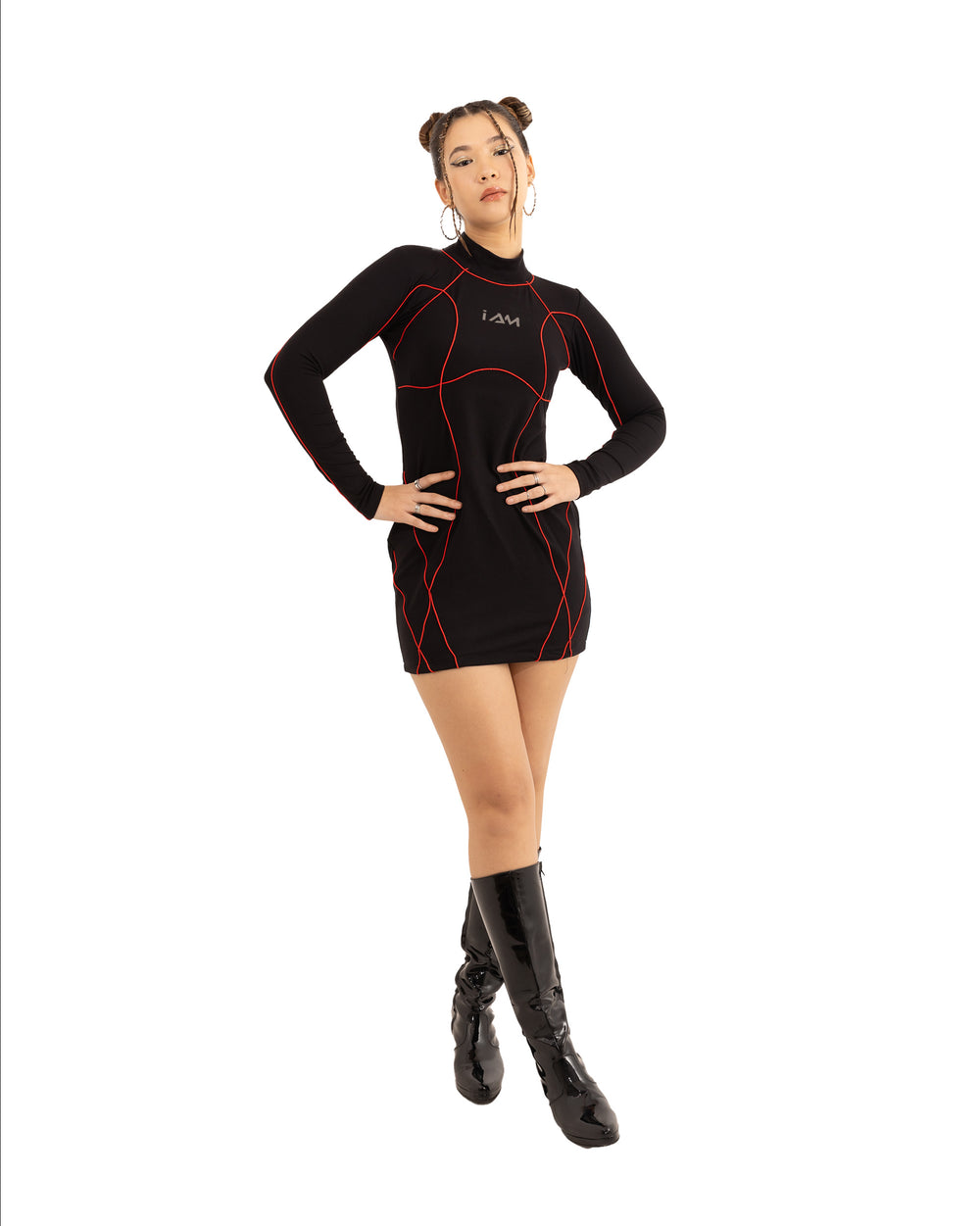 A vibrant red INTERFERENCE DRESS RED, featuring a flowing silhouette and intricate textured fabric.
