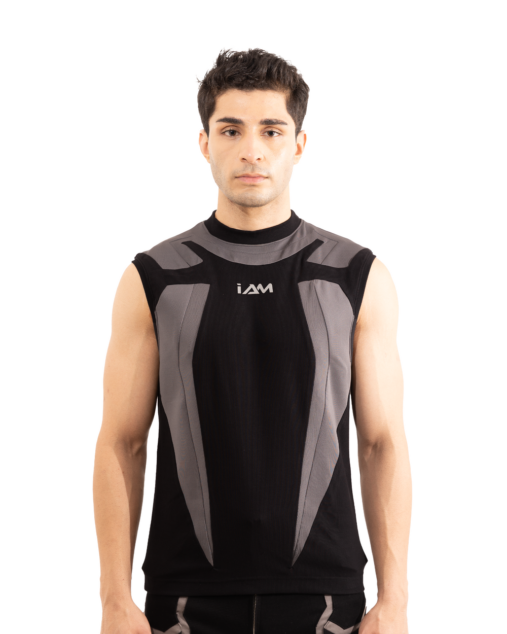 Cyberline Tank Top: A close-up of a black tank top with a subtle, futuristic graphic on the chest.