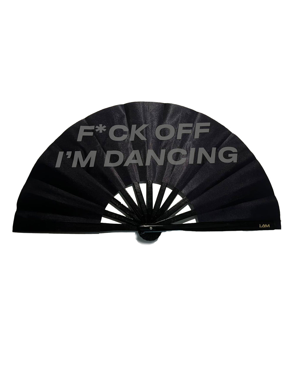 Reflective "FUCK OFF IM DANCING" text on a black background, high visibility for safety.