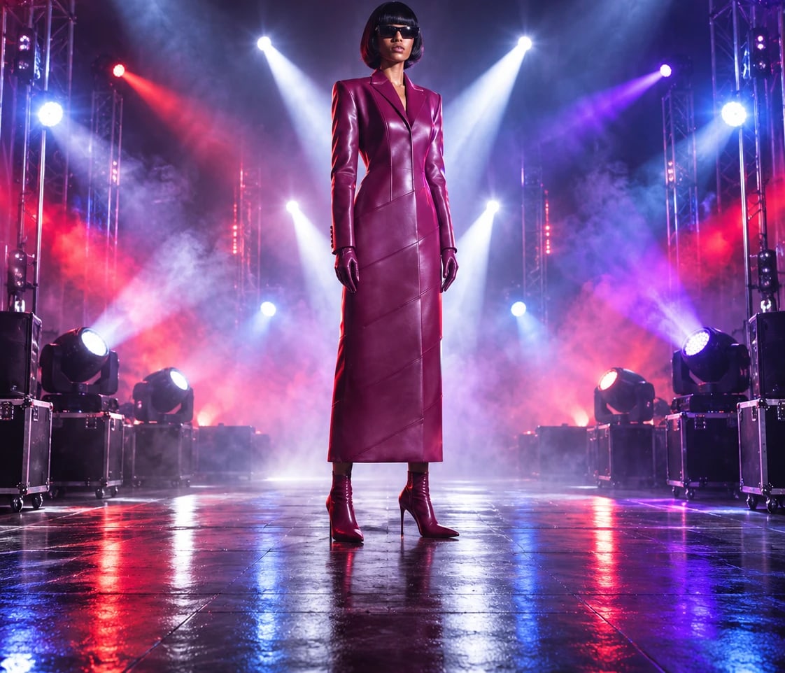 A model in a plum leather coat dress on a stage under moving lights