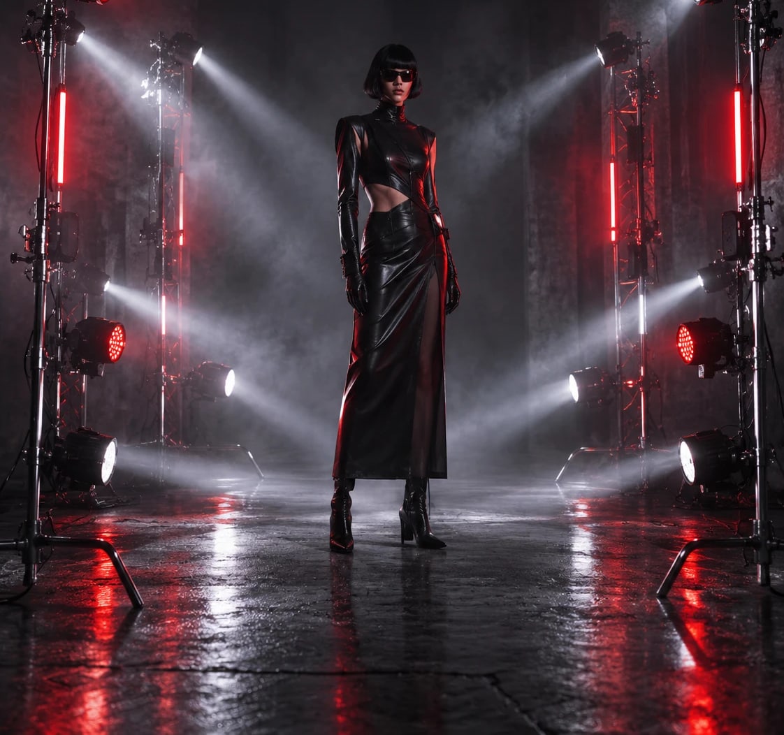 A model in a black leather cut-out dress between red and white stage lights