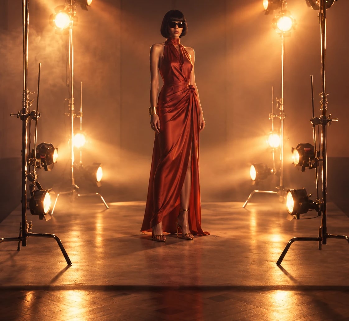 A model in a rust satin halter gown between warm studio lamps